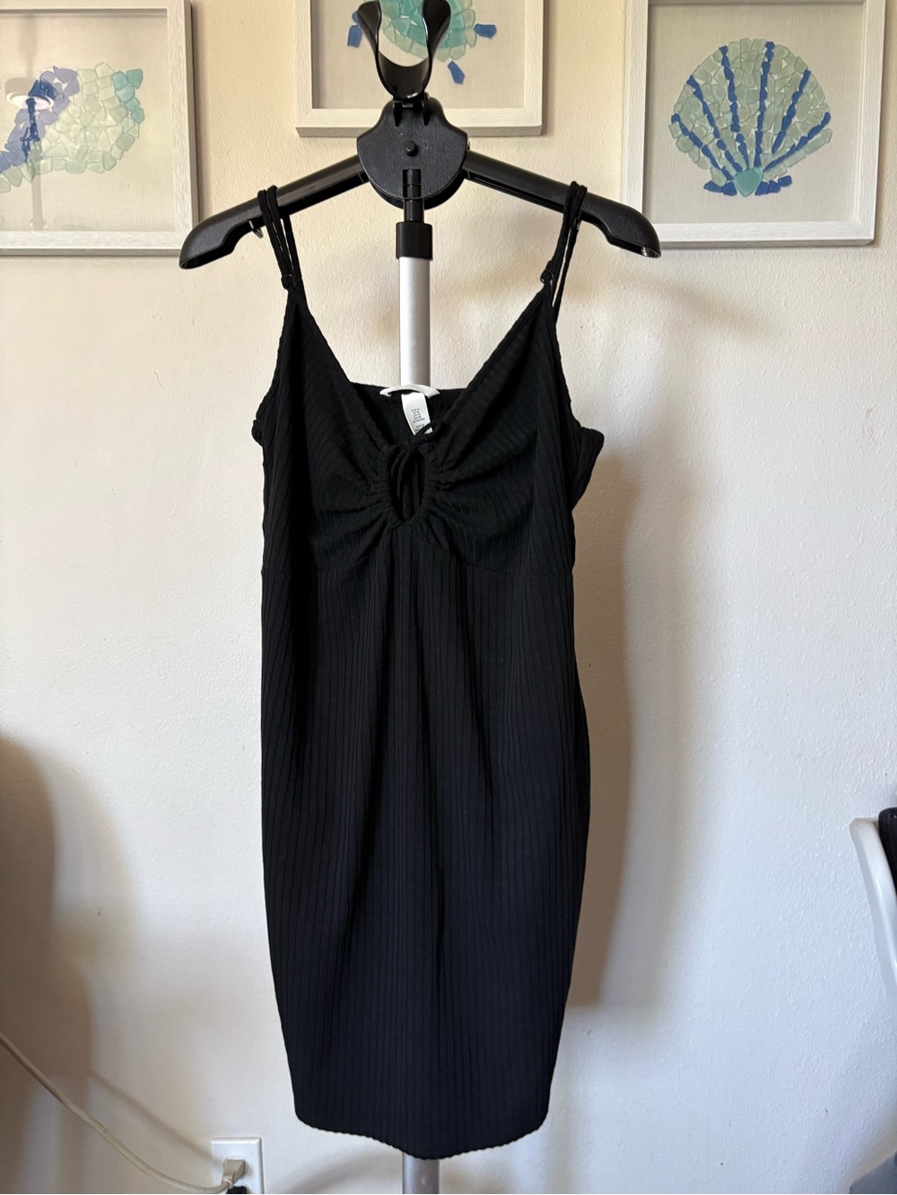 H&M Black Ribbed Spaghetti Strap Knot-Front Mini Dress